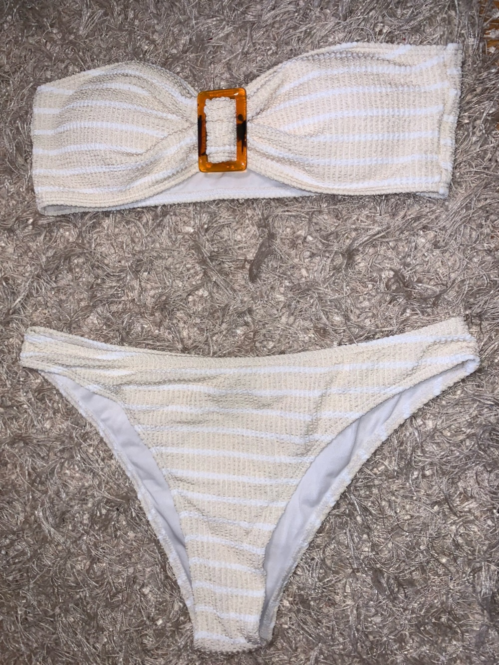 Cozy Striped Textured Strapless Bikini in Beige and White size L NWOT